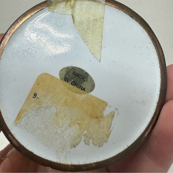 Vintage Enameled Trinket Box Cottage Cherry Blossom Branch  Boho Blue White - Picture 6 of 9